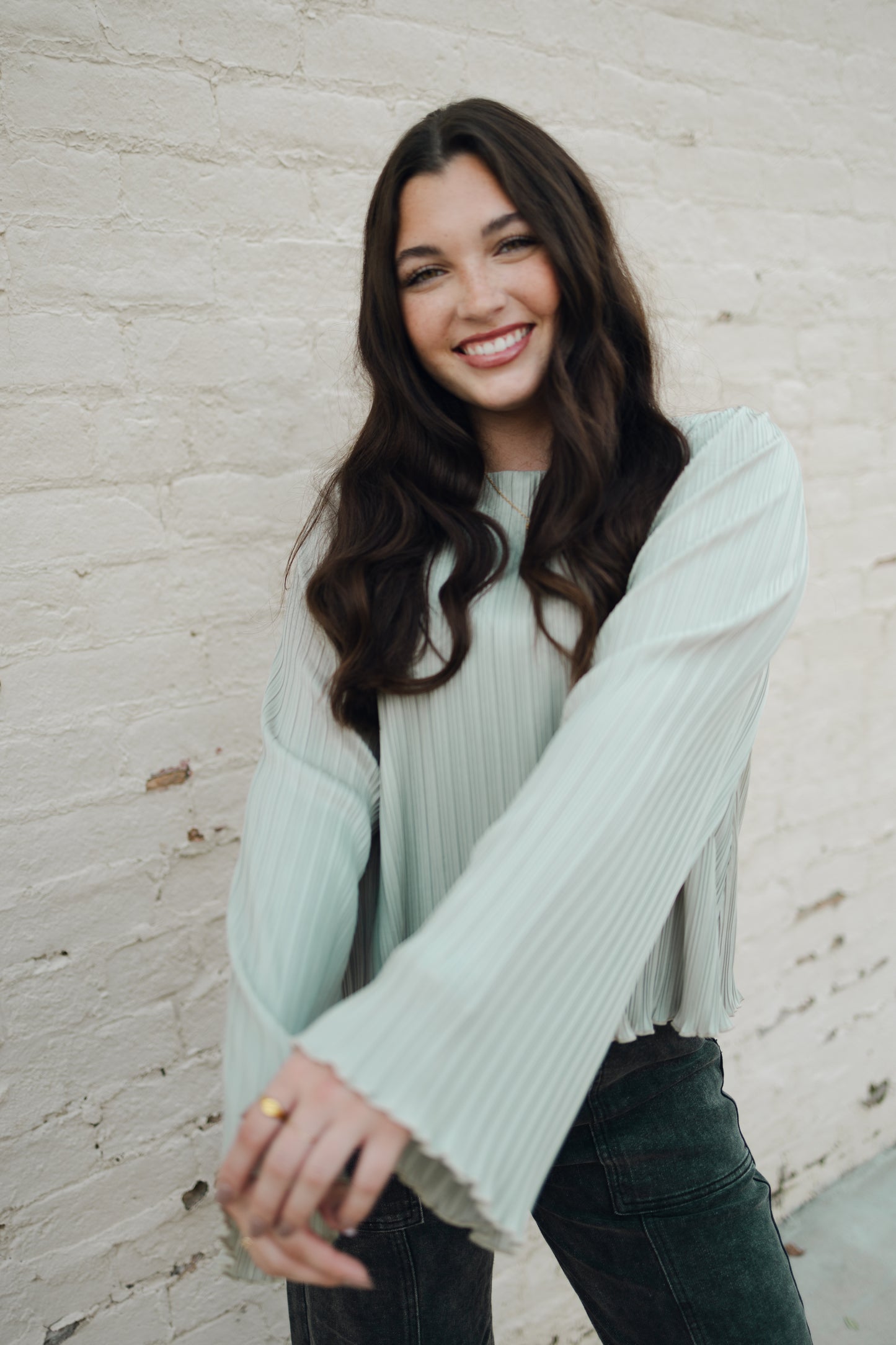 PLEATED FLARE BLOUSE TOP WITH BELL SLEEVES