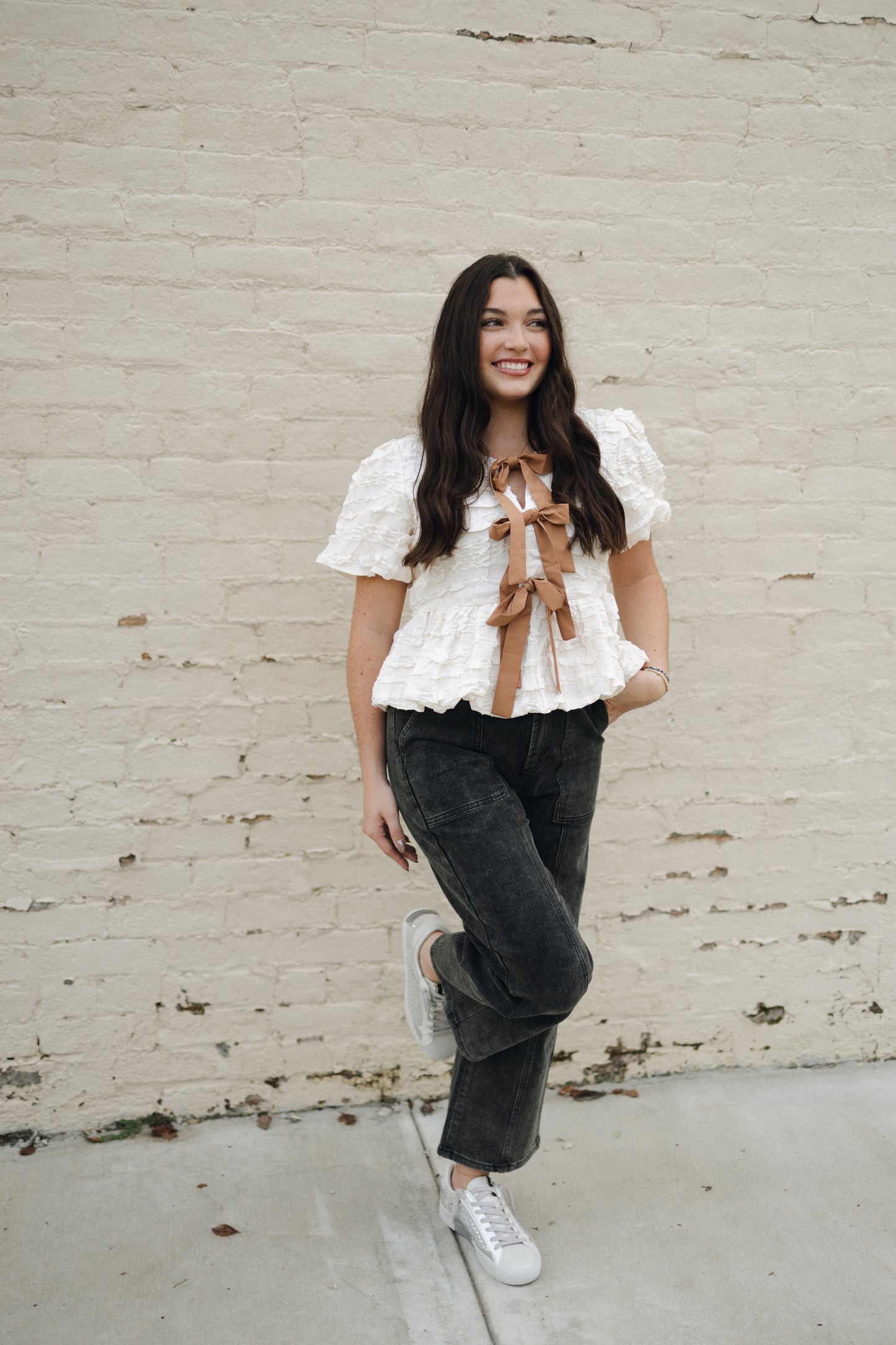 Bubble BabyDoll Blouse With Contrast Tie