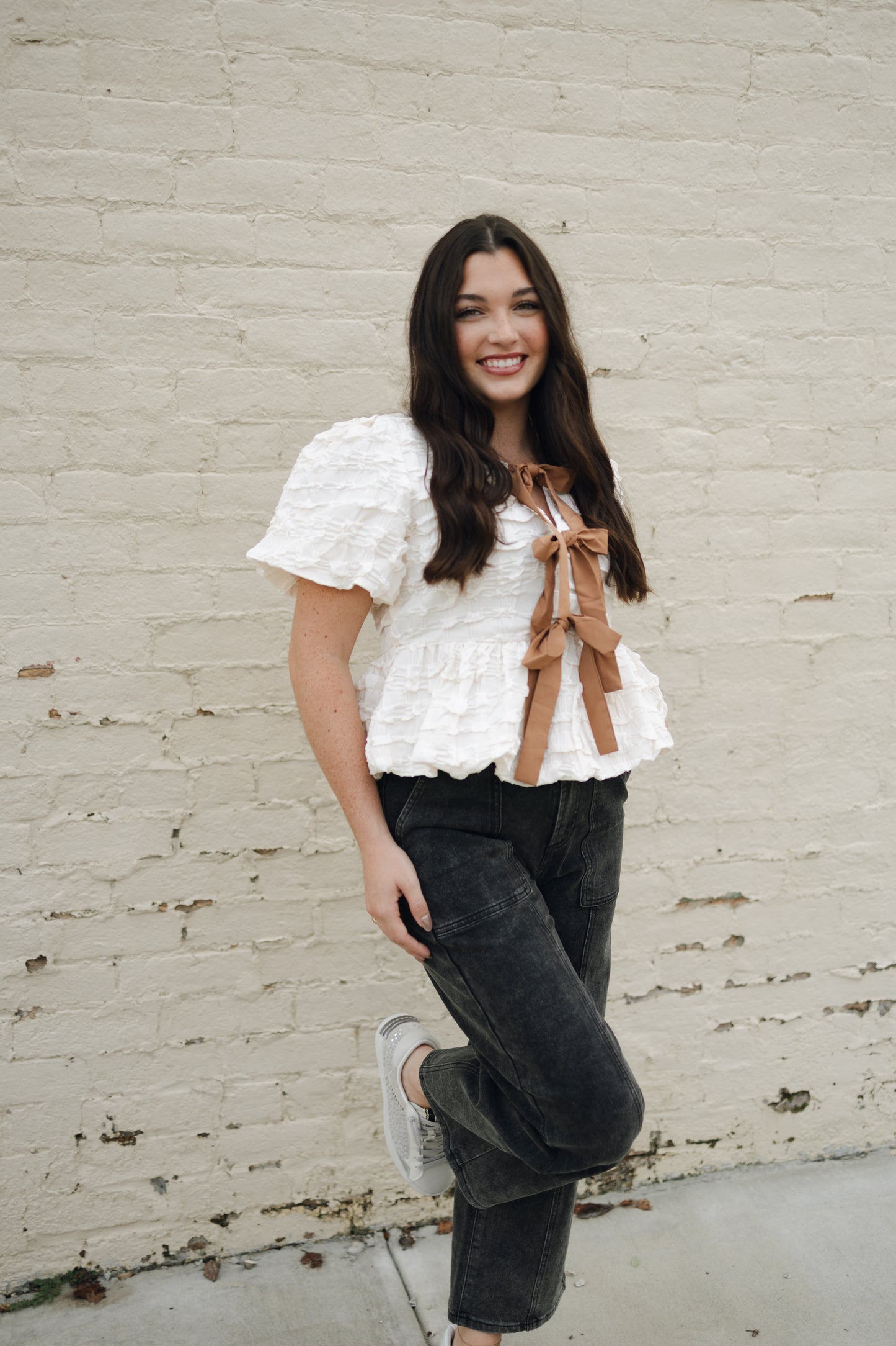 Bubble BabyDoll Blouse With Contrast Tie