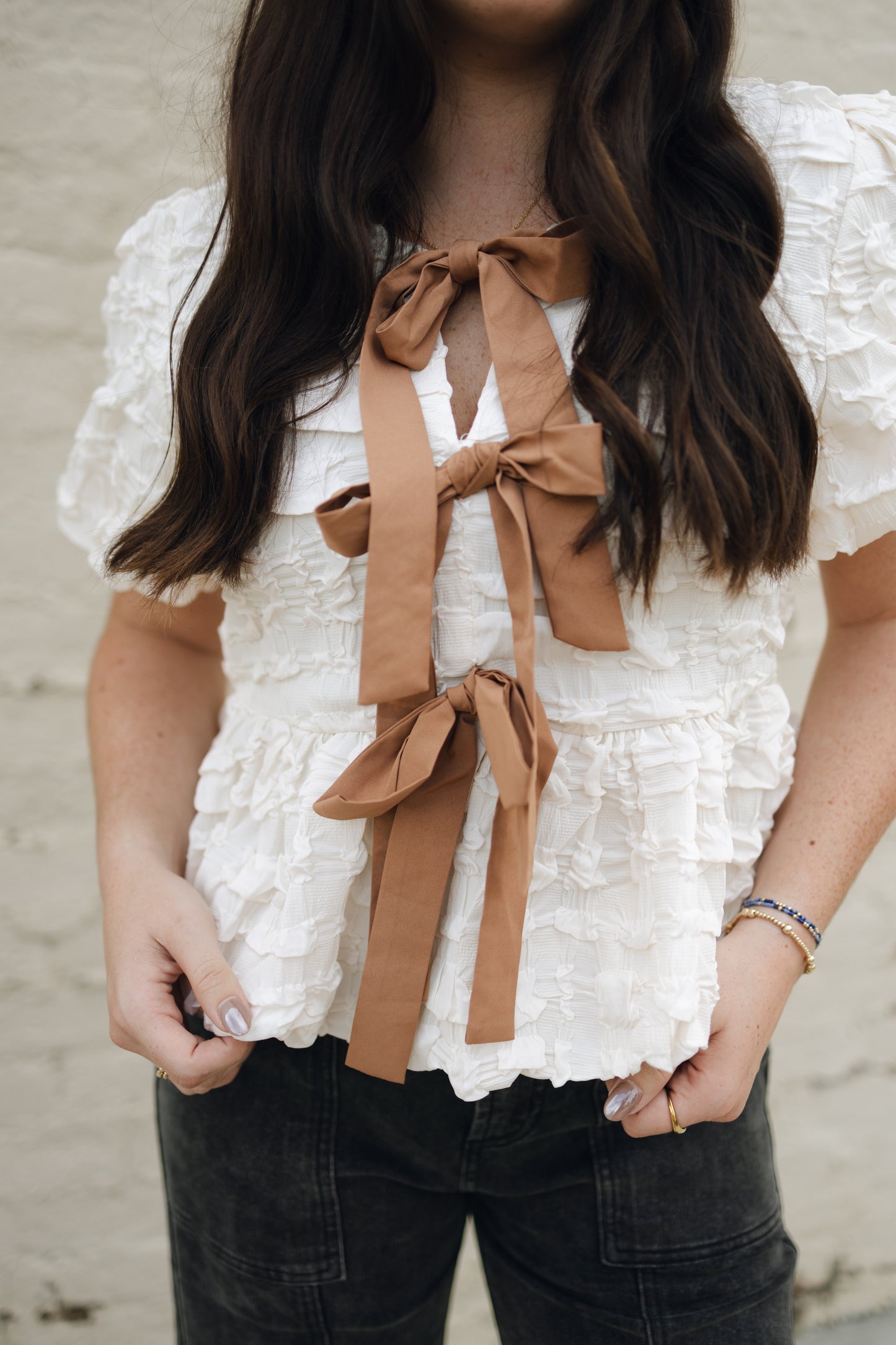 Bubble BabyDoll Blouse With Contrast Tie
