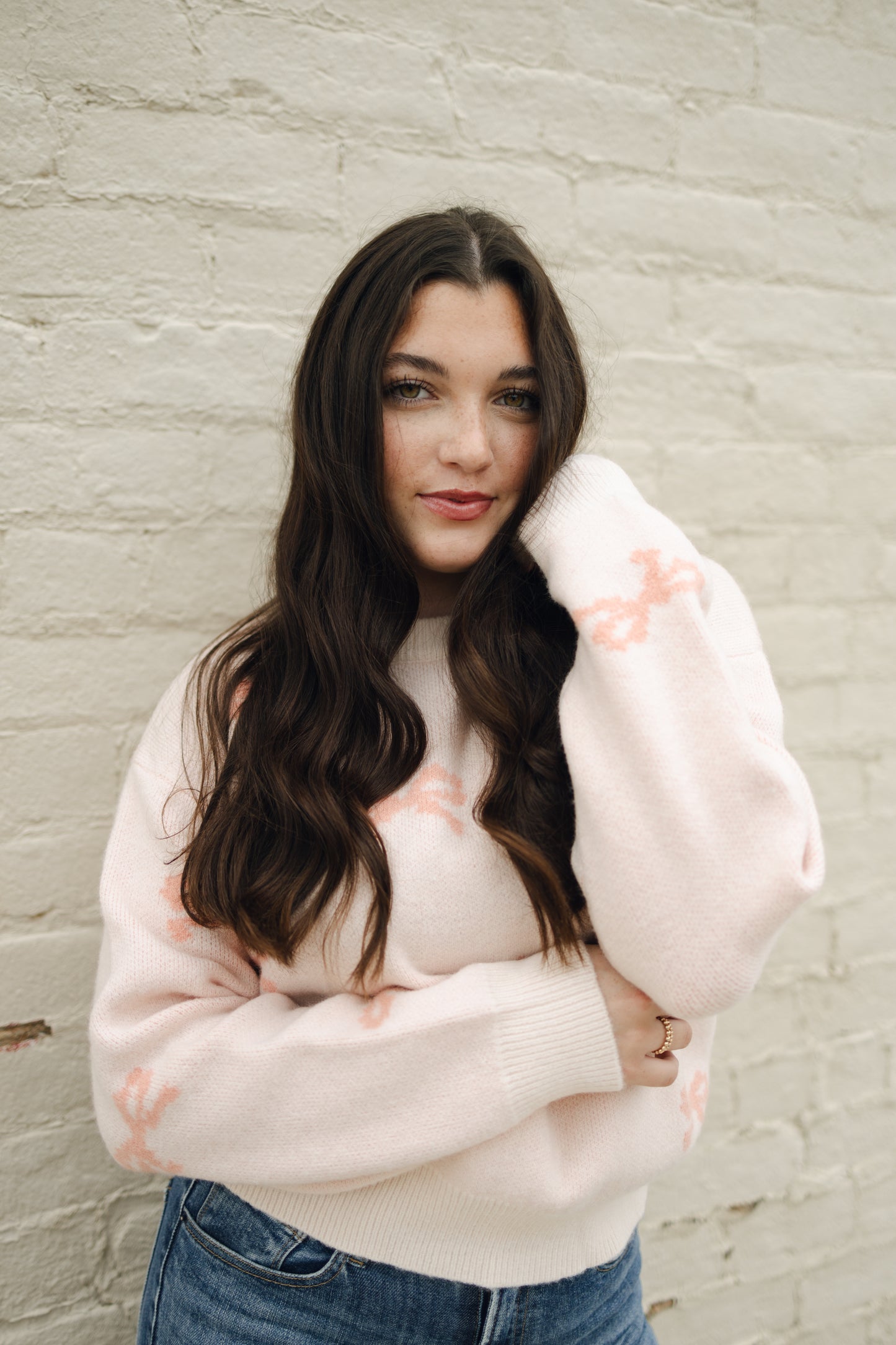 BOW PRINT THICK KNIT SWEATER