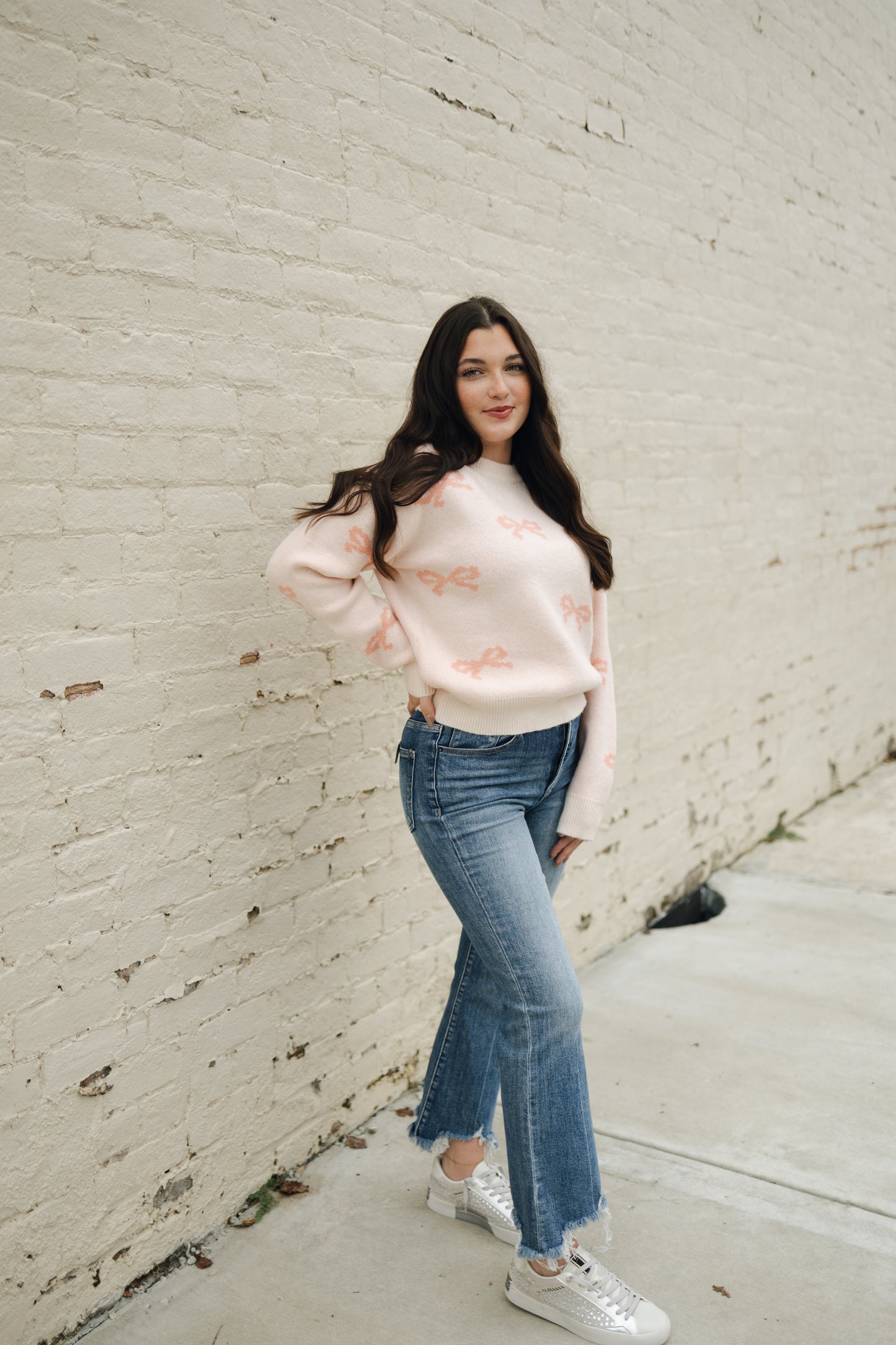 BOW PRINT THICK KNIT SWEATER