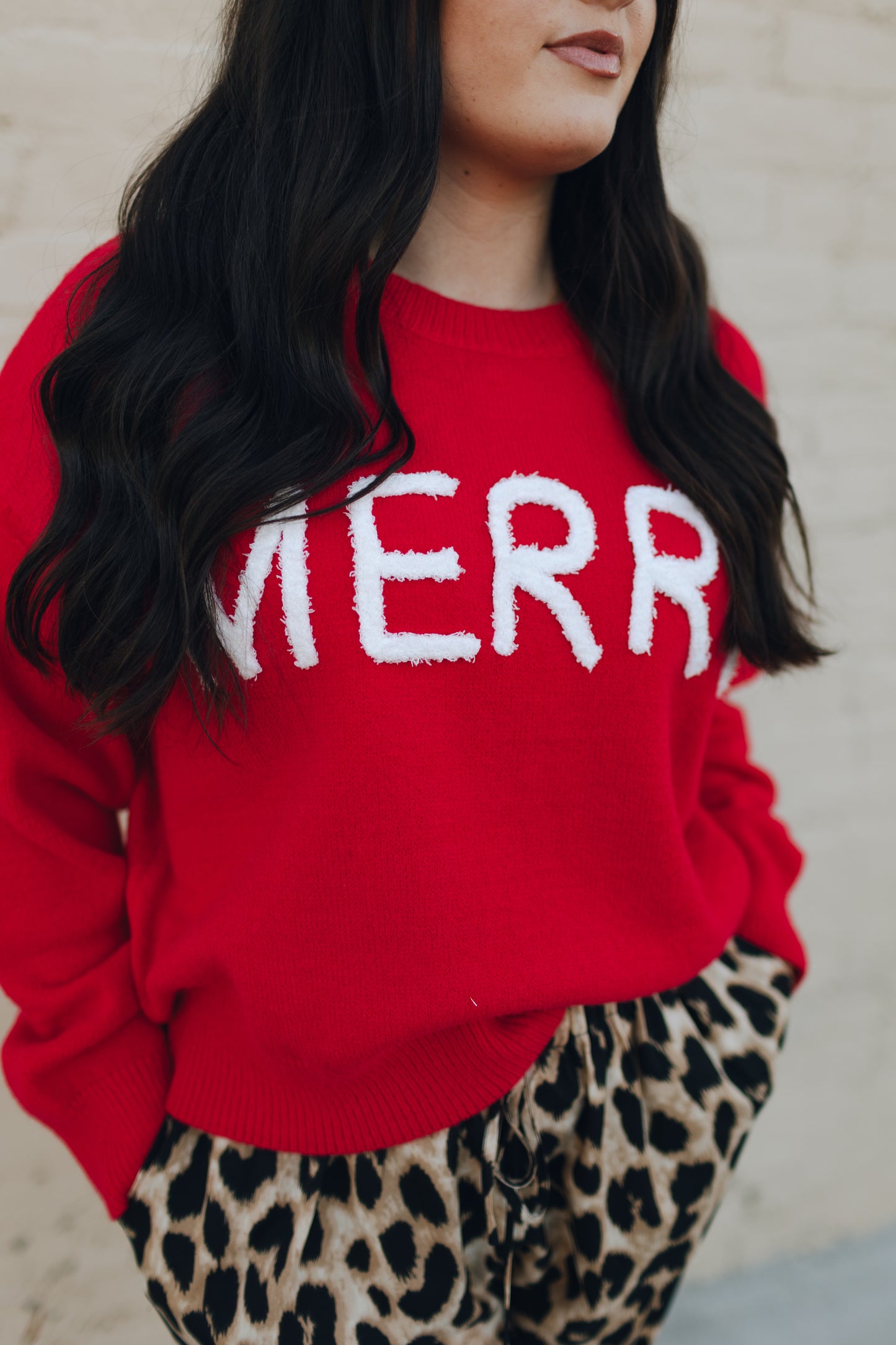 'MERRY' FLUFFY PATCH SWEATER