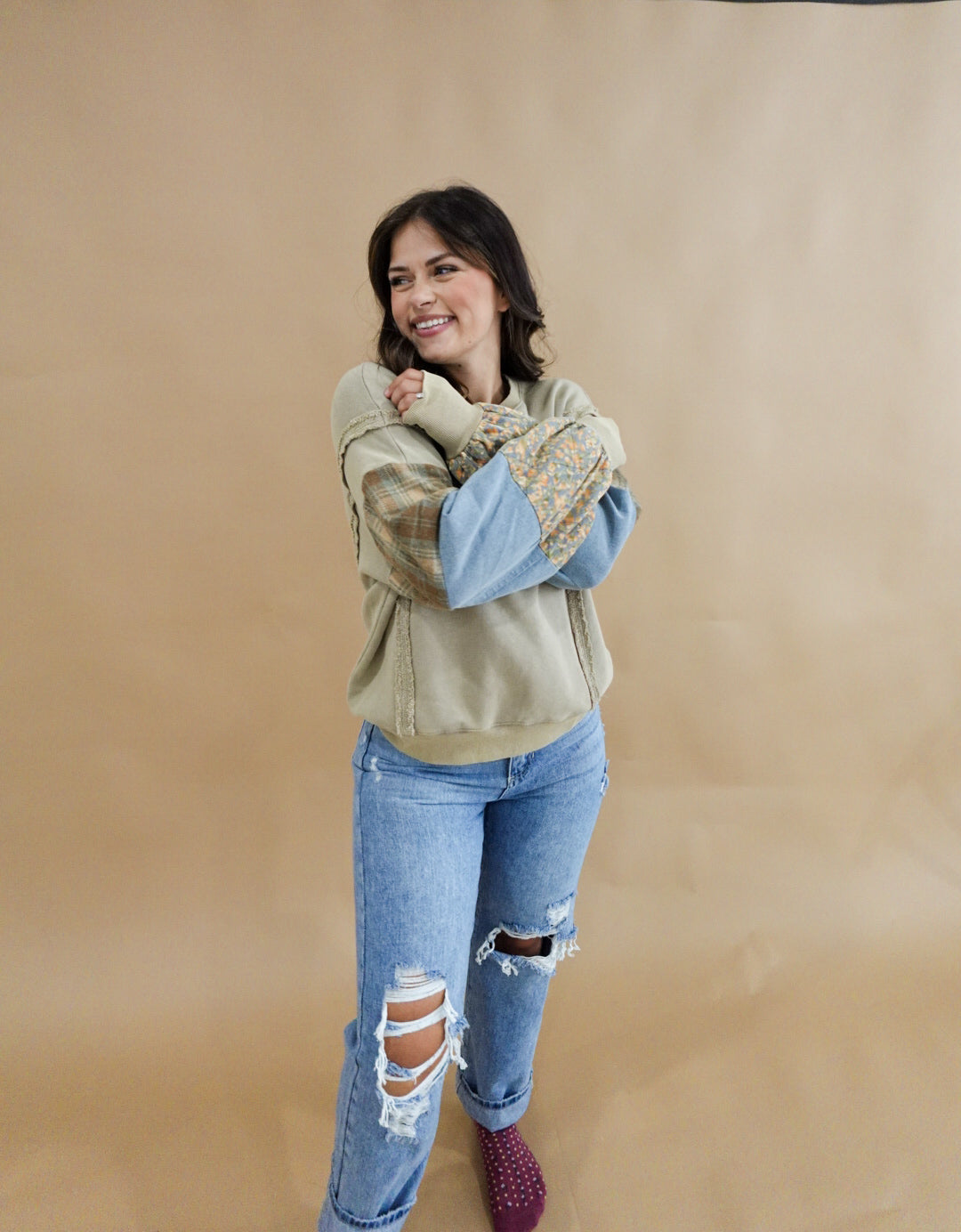 SPLICED GARMENT WASHED TERRY PULLOVER