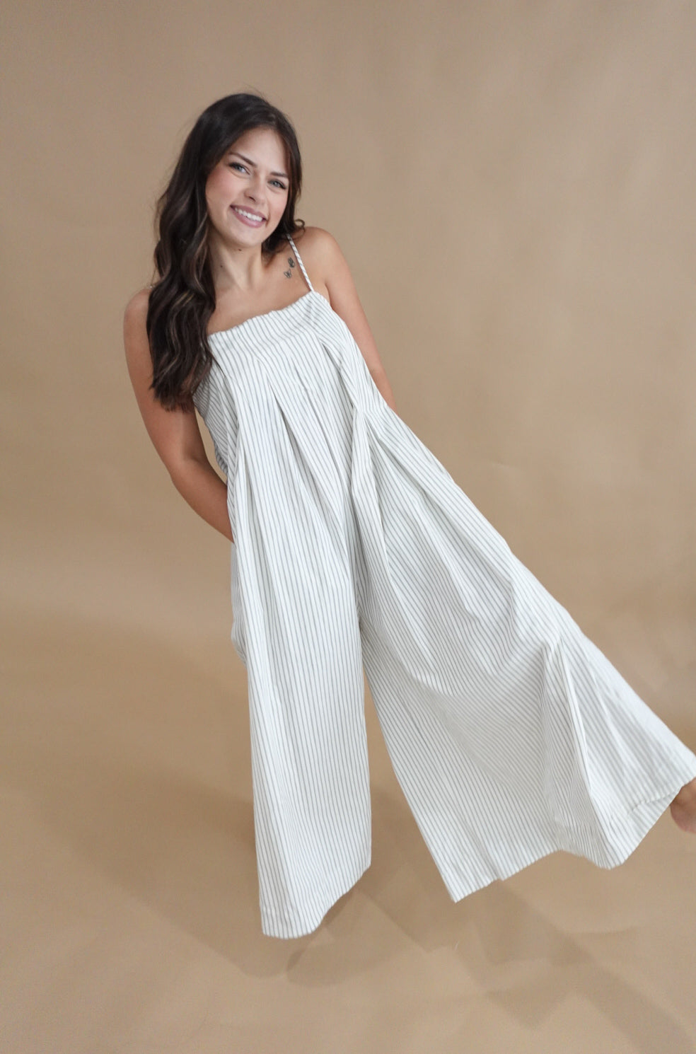 Stripe Wide Leg Inverted Front Pleat Jumpsuit