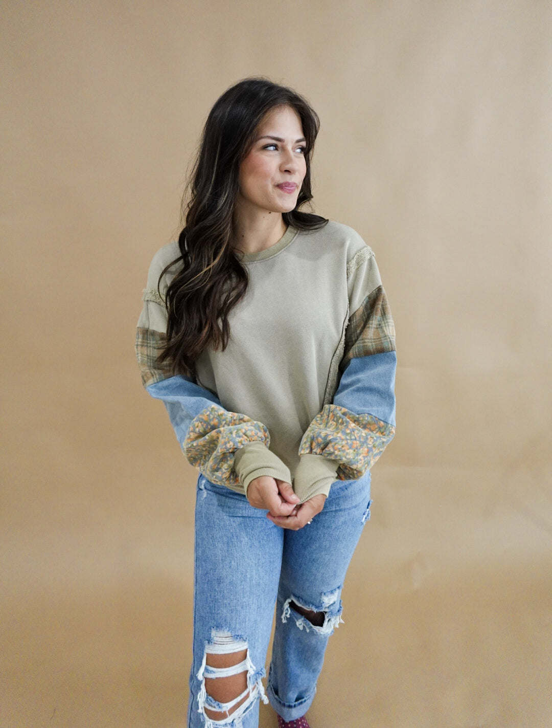 SPLICED GARMENT WASHED TERRY PULLOVER