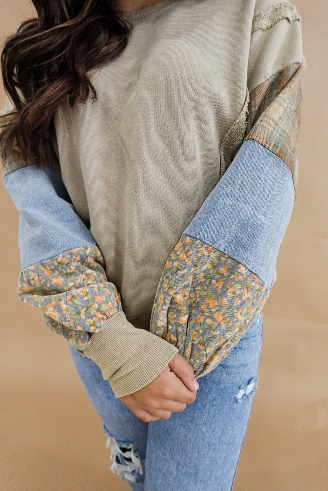 SPLICED GARMENT WASHED TERRY PULLOVER
