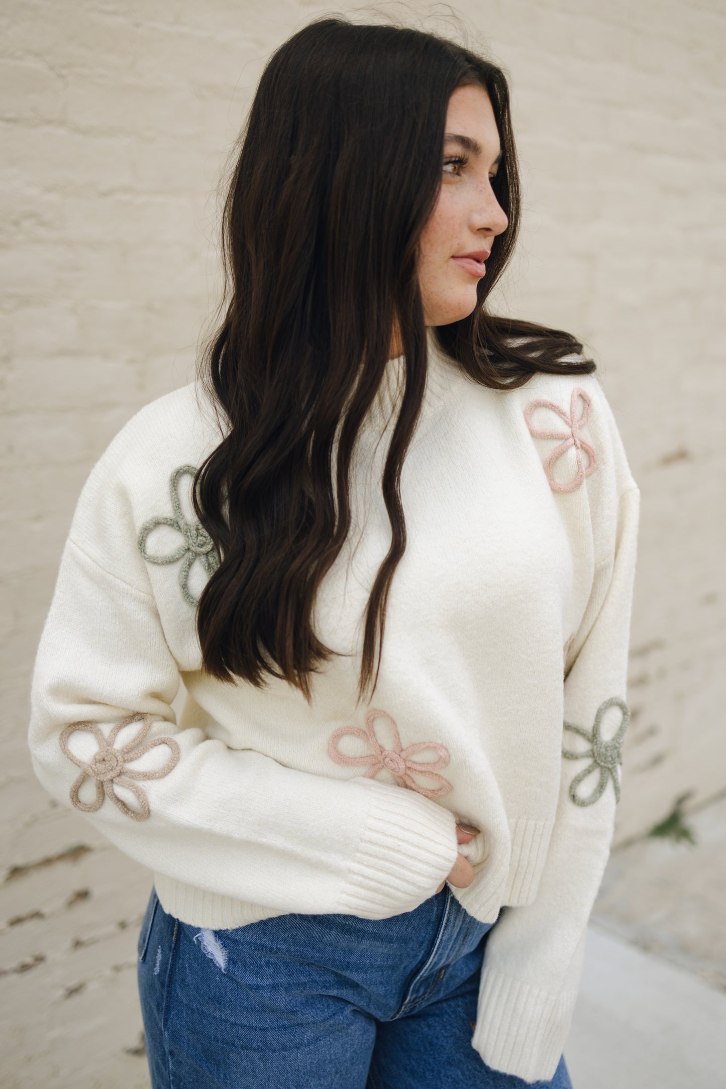 Mock Neck Flower Applique Sweater