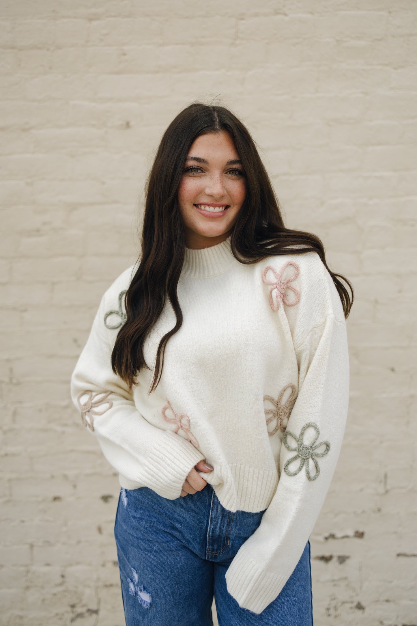 Mock Neck Flower Applique Sweater
