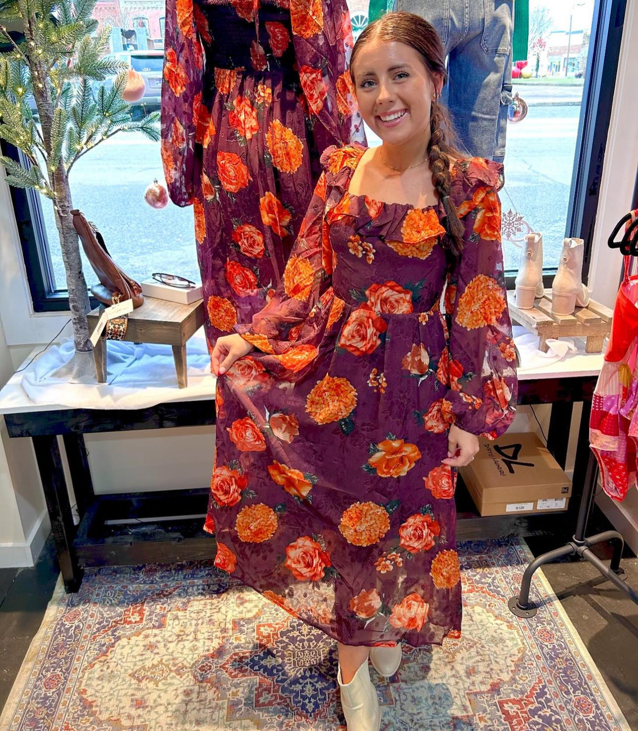 Ruffle Square Neck Midi Dress