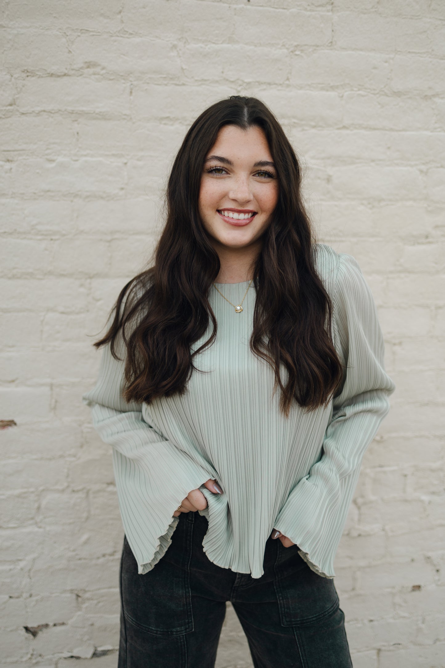 PLEATED FLARE BLOUSE TOP WITH BELL SLEEVES