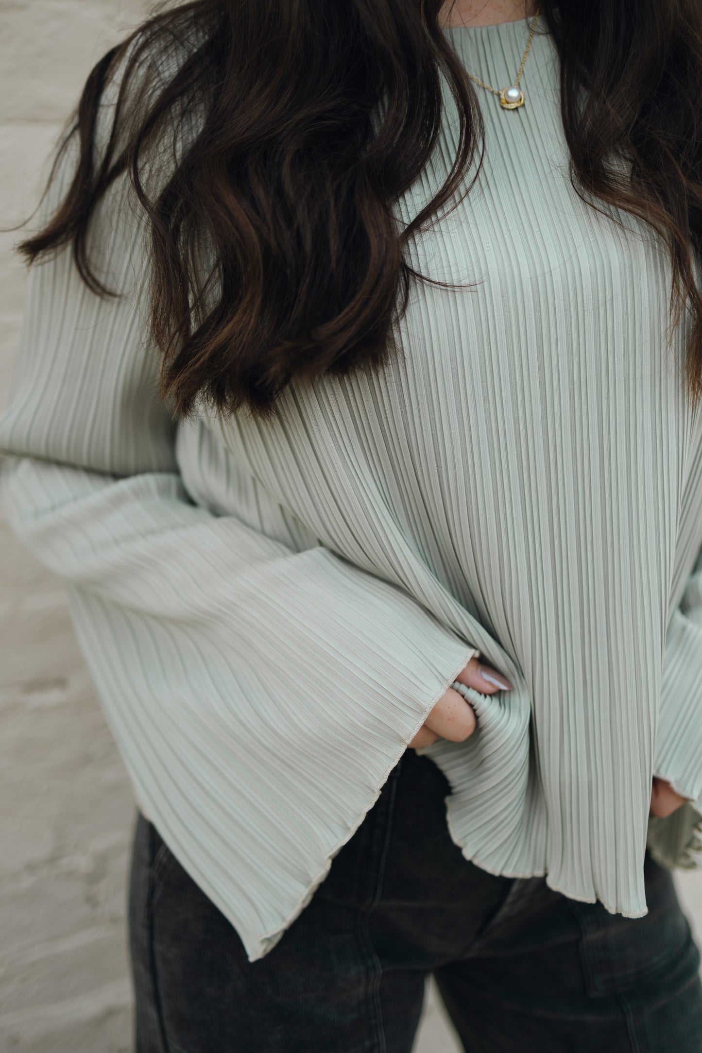 PLEATED FLARE BLOUSE TOP WITH BELL SLEEVES