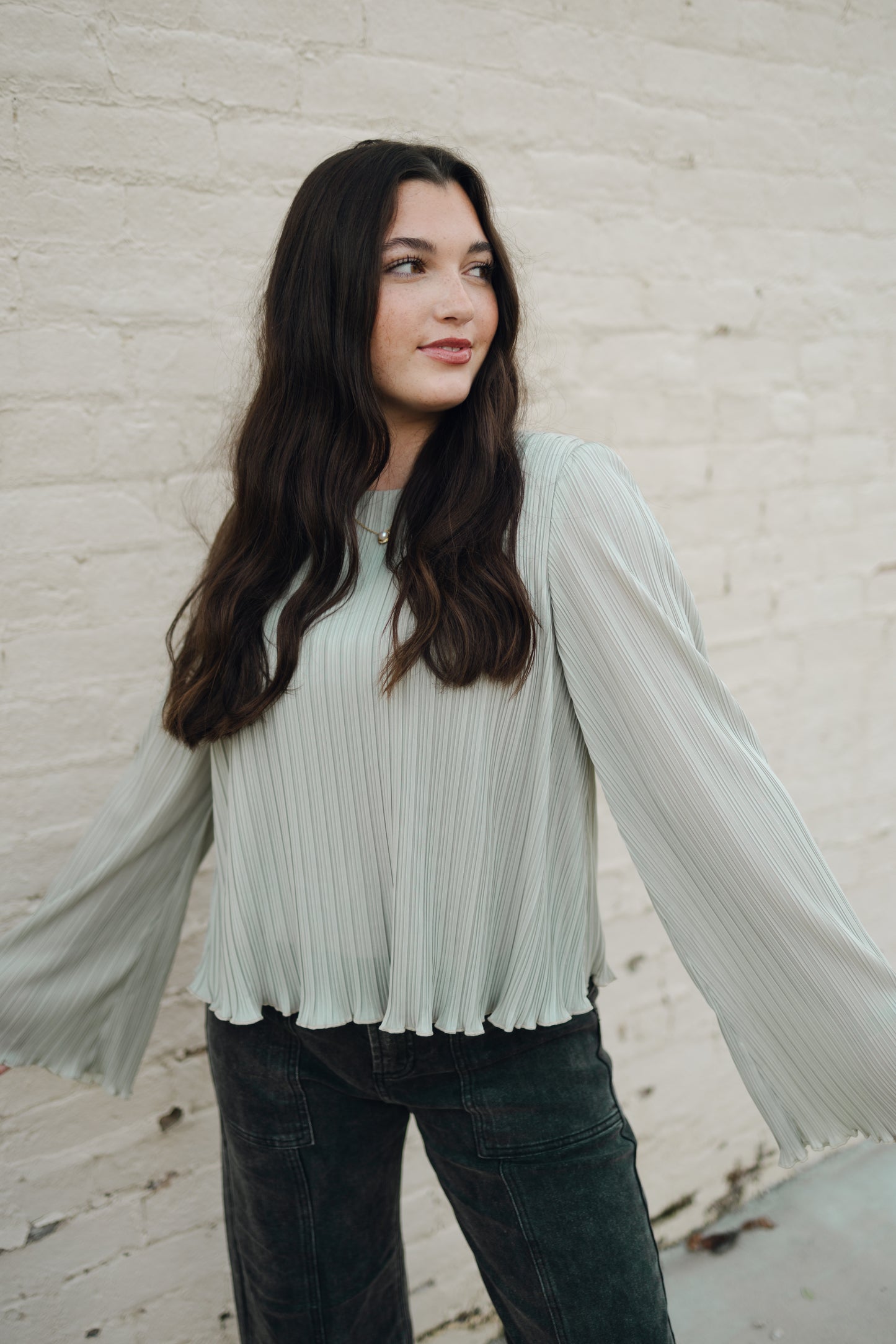 PLEATED FLARE BLOUSE TOP WITH BELL SLEEVES