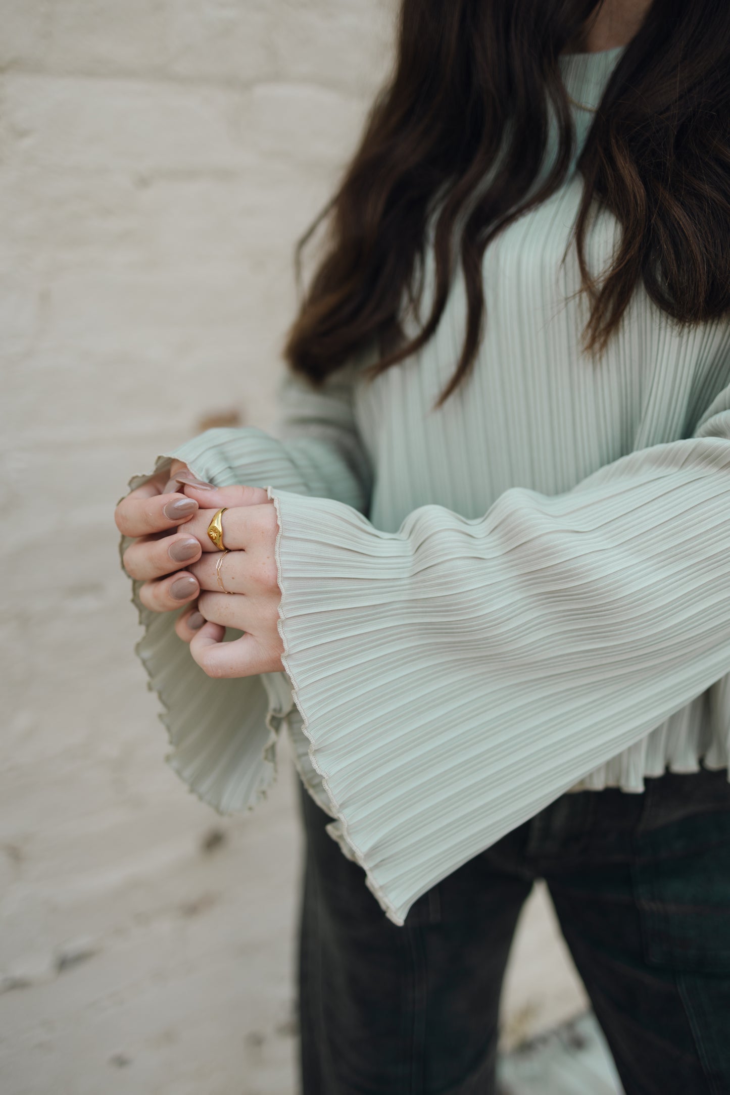 PLEATED FLARE BLOUSE TOP WITH BELL SLEEVES