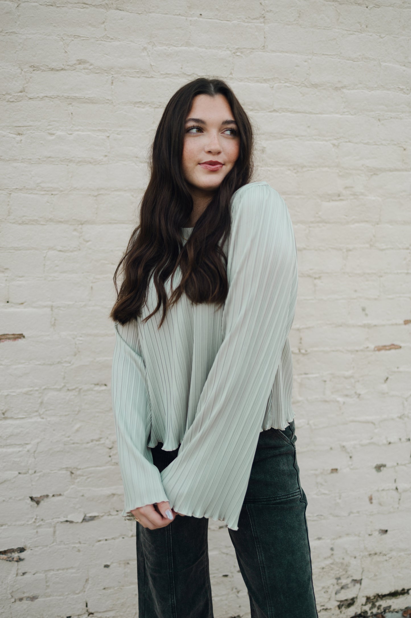 PLEATED FLARE BLOUSE TOP WITH BELL SLEEVES