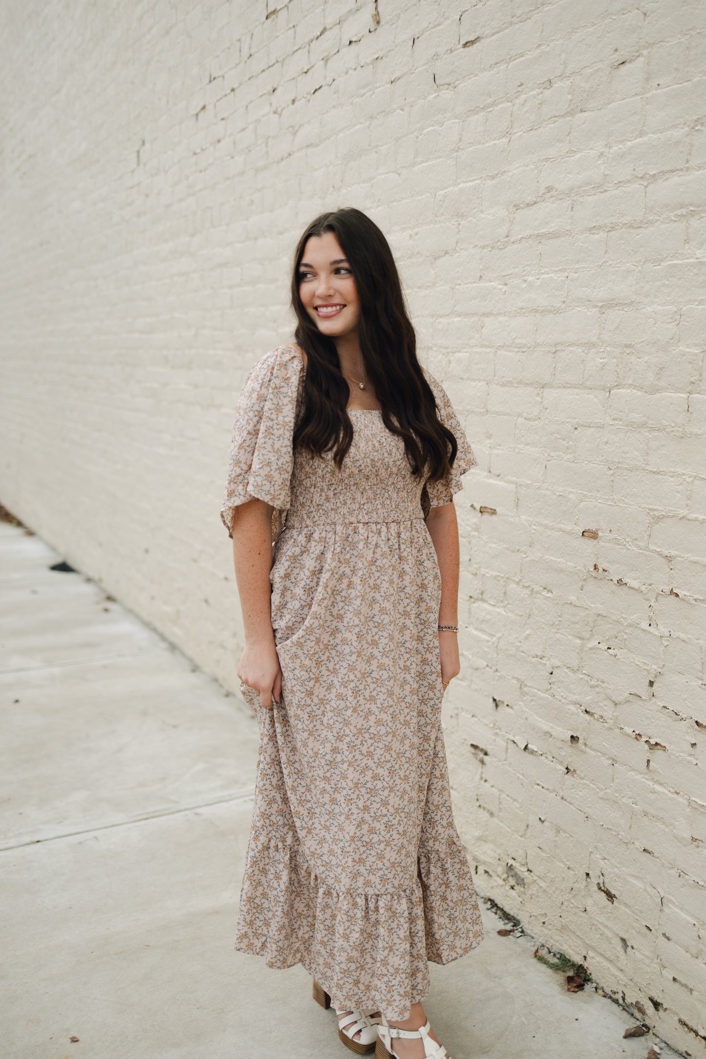 FLOWY SMOCKED MIDI DRESS WITH RUFFLED HEM