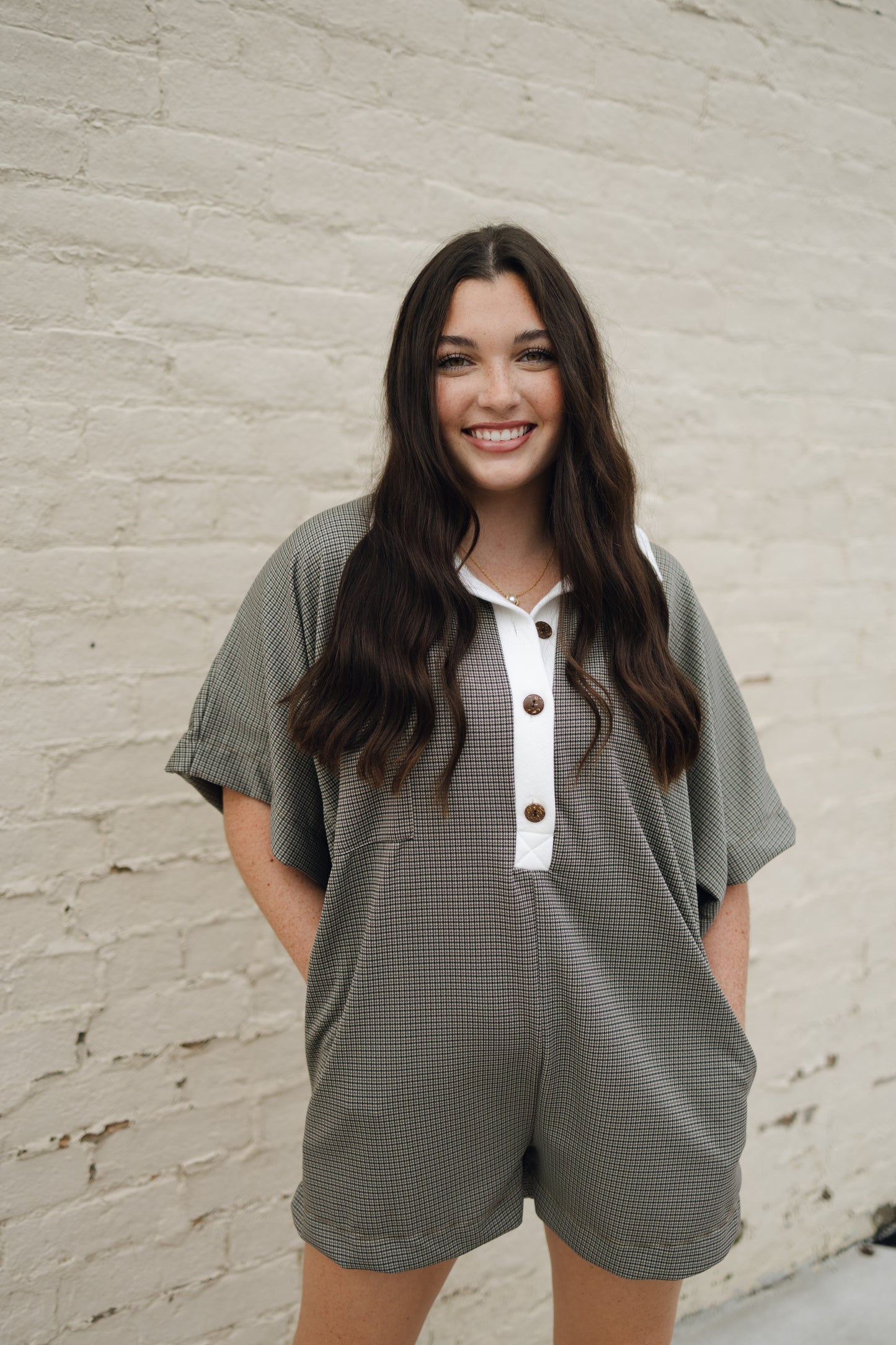 Check Pattern Collared Oversize Romper