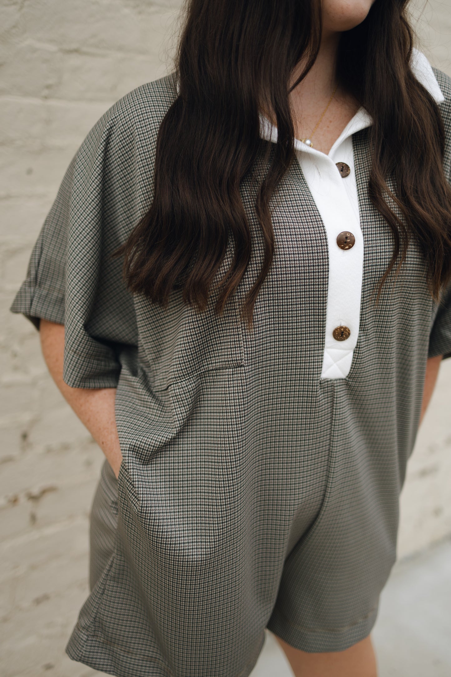 Check Pattern Collared Oversize Romper