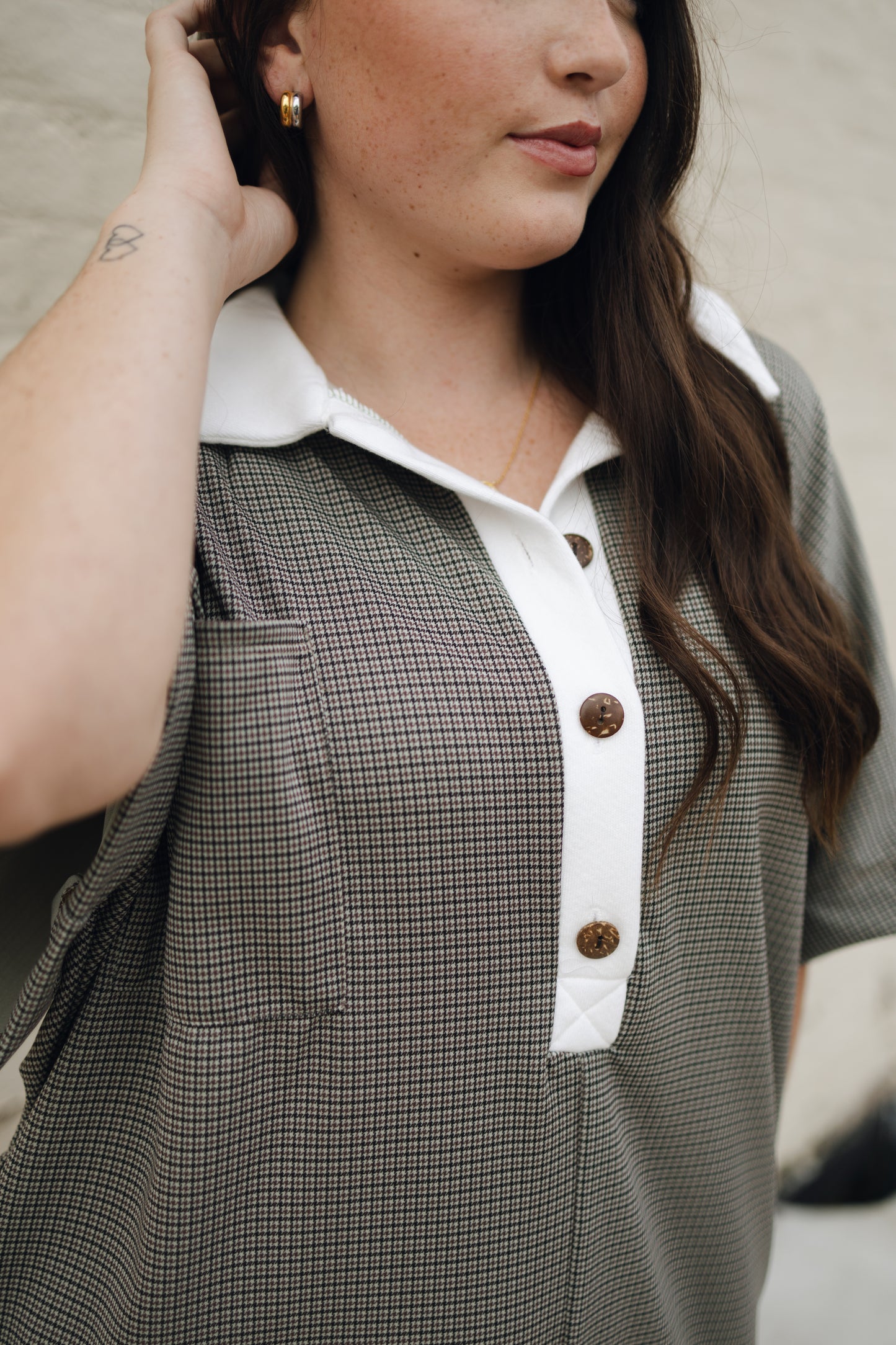 Check Pattern Collared Oversize Romper